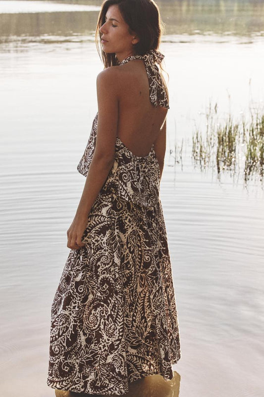 Women's Two-piece Printed Halter Crop Top and High-Waisted A-Line Skirt Set