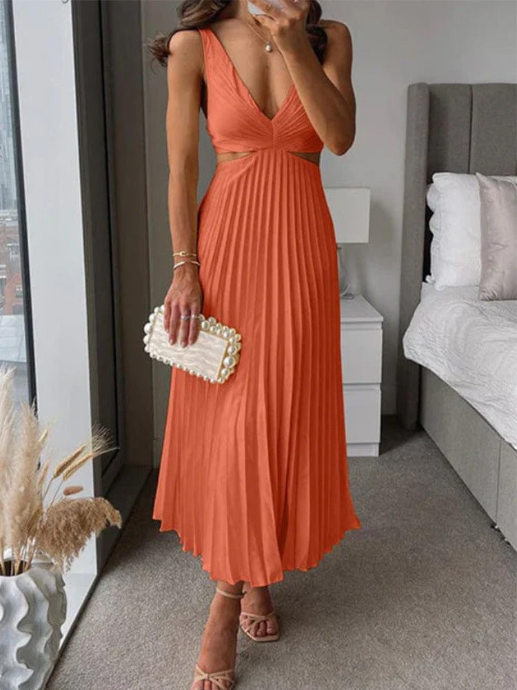 Elegant V-Neck Pleated Skirt Dress for Women