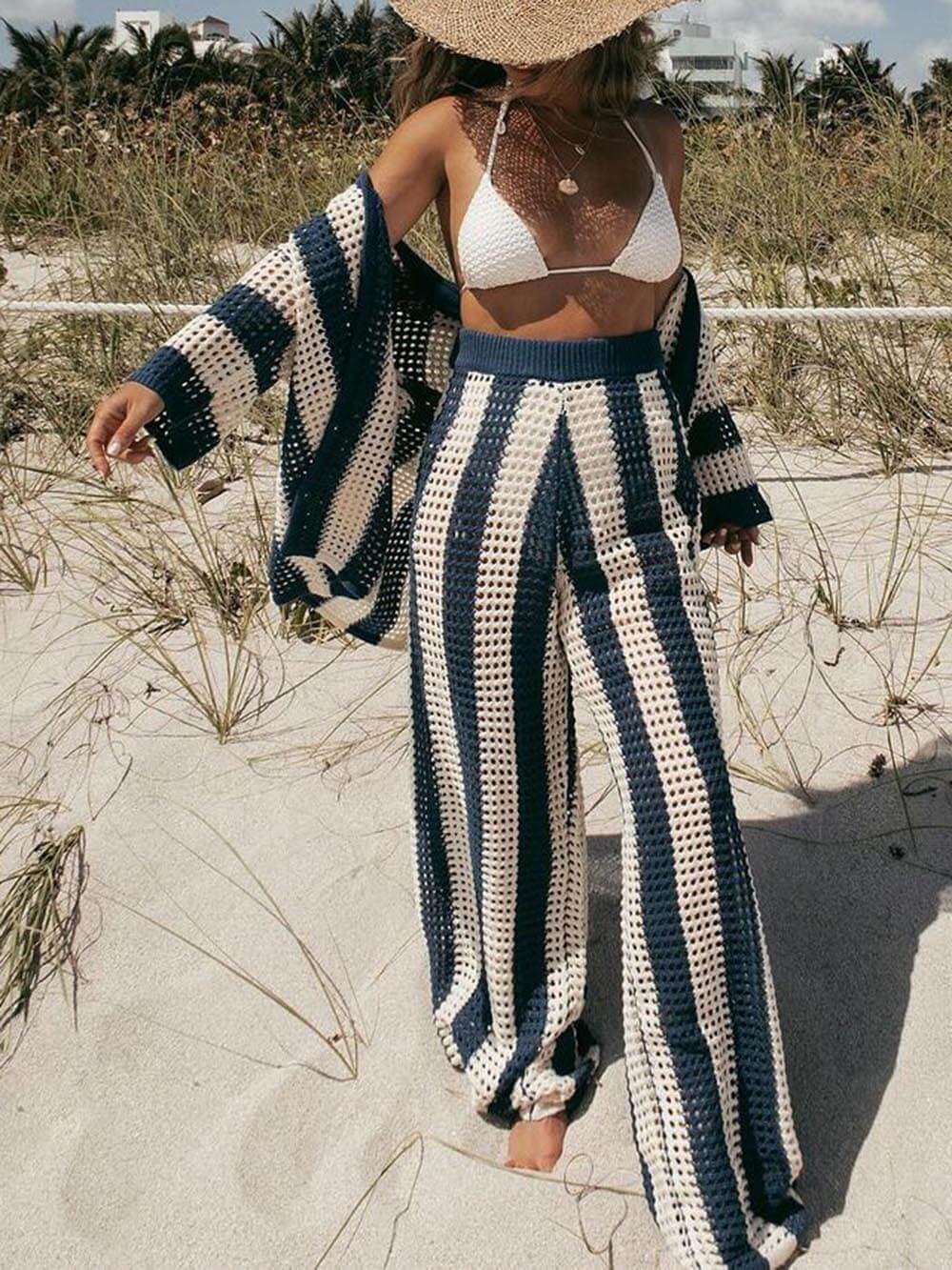 Women's Open Knit Striped Set with V-Neck Shirt and Wide-Leg Pants