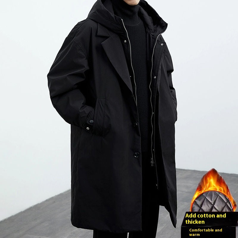 Men's Long Waterproof Puffer Trench Coat with Hood