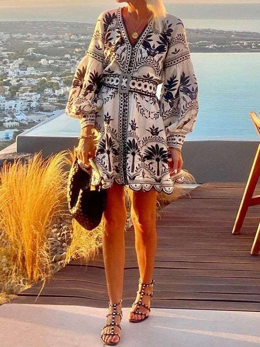 Women’s Printed Beach Loose Mini Dress with Puff Sleeves