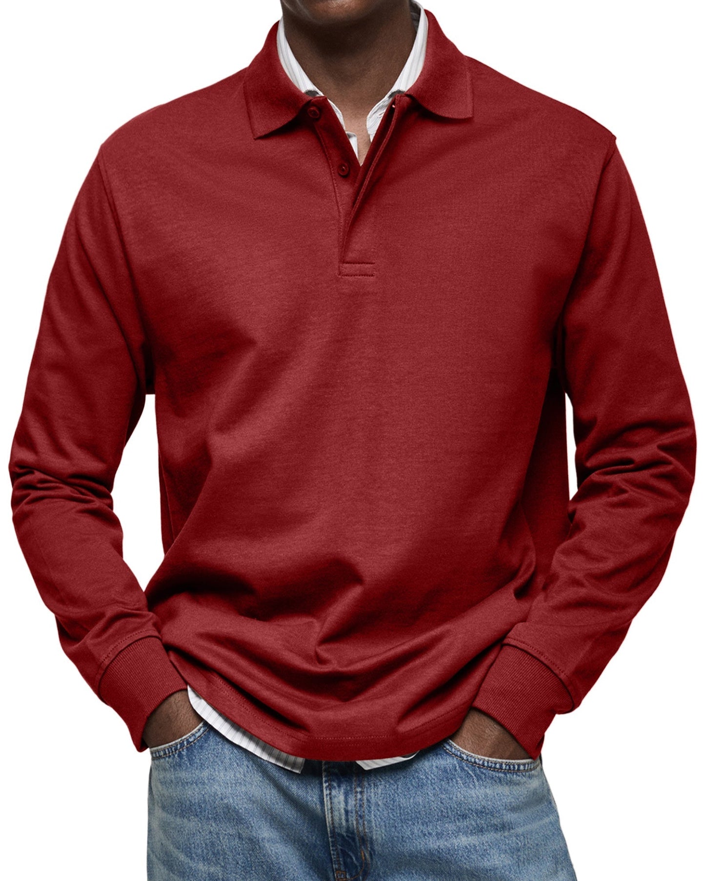 Men's Long Sleeve Polo Shirt with Button Collar and Cuffed Hem