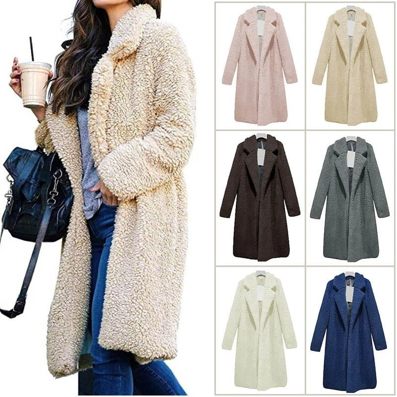 Women's Long Oversized Winter Teddy Coat with Lapel Collar