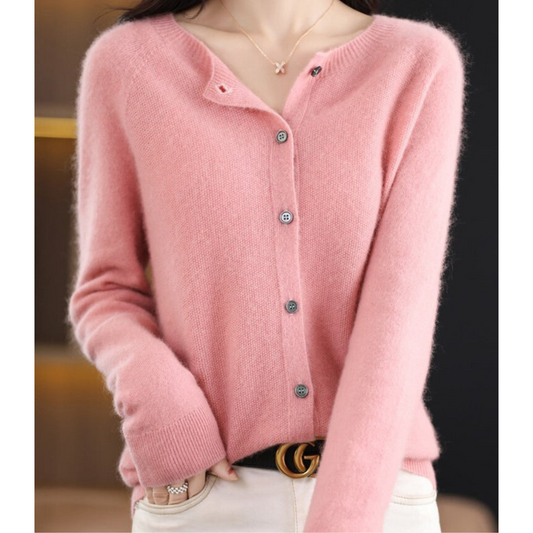 Women's Soft Knit Cardigan with Round Neck and Button Closure