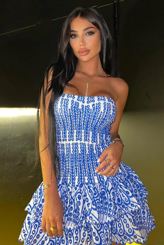 Women's Strapless Ruched Mini Dress with Ruffle Tiered Skirt