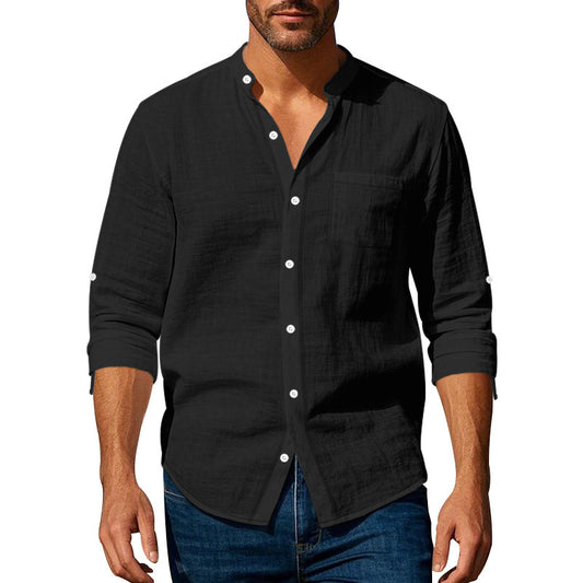 Men’s Long Sleeve Stand Collar Linen Shirt with Pockets – Casual & Stylish