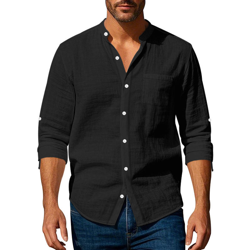 Men’s Long Sleeve Stand Collar Linen Shirt with Pockets – Casual & Stylish