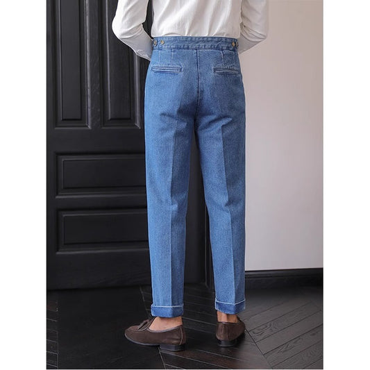 British Style High-Waist Men's Straight-Leg Jeans – Drooping Curl Hem Suit Pants