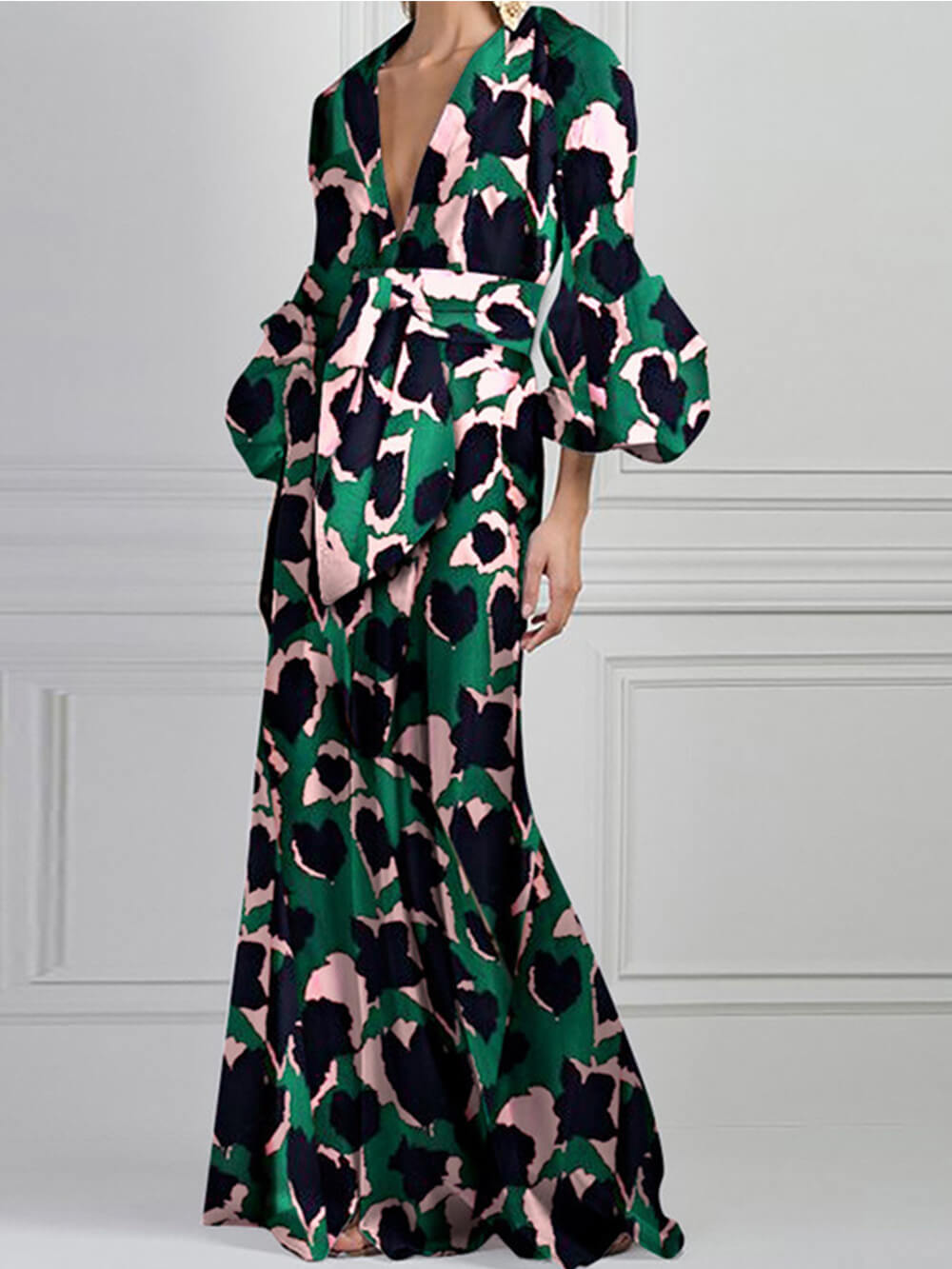 Women's Bohemian Maxi Dress with Puff Sleeves and Deep V-Neck