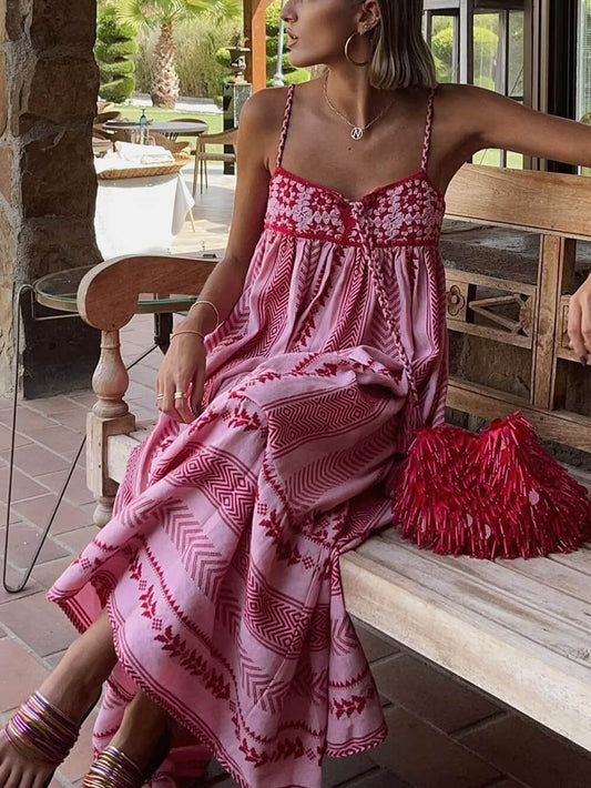 Women's Ethnic Print Maxi Dress with Tassel Tie and Spaghetti Straps