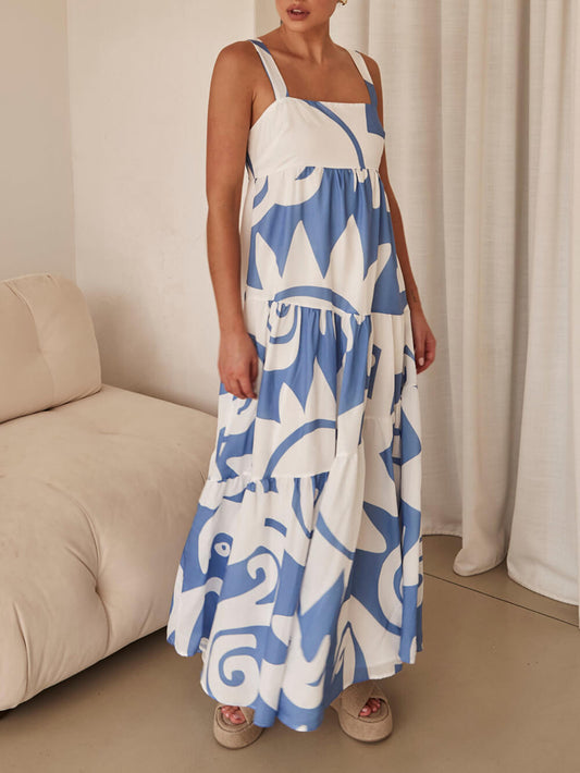 Women's Geometric Print Maxi Dress with Wide Straps and Tiers