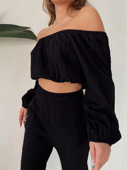 Women's Off-Shoulder Crinkled Two-Piece Set with Long Sleeves and Wide Pants