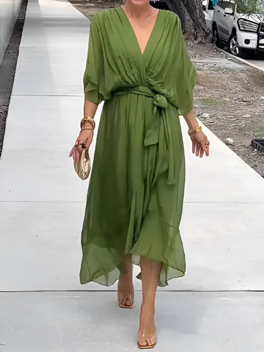Lightweight Midi Dress with V Neck and Draped Sleeves for Women