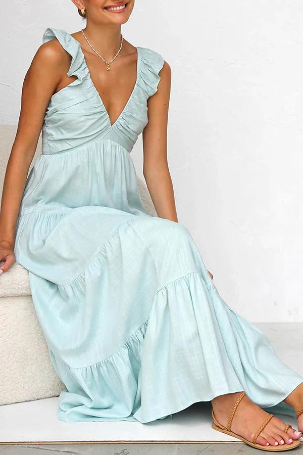 Women's Ruffle Sleeve V-Neck Tiered Maxi Dress
