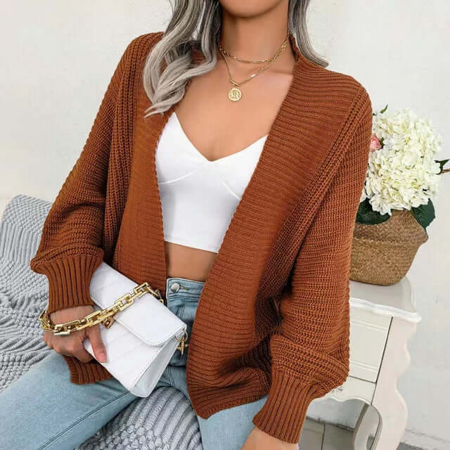 Women's Long-Sleeve Knit Cardigan with Relaxed Open-Front Fit