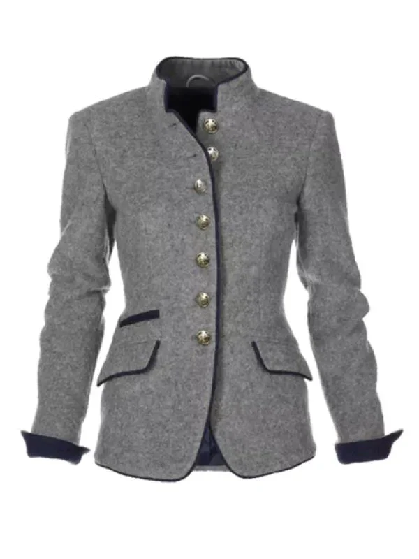 Women's Vintage Buttoned Winter Jacket with High Collar Detail