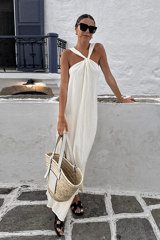 Women's Sleeveless Maxi Dress with Twist Neckline and Slit Hem