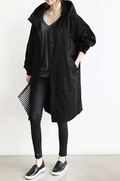 Women's Oversized Button-Up Trench Coat with Hood and Pockets