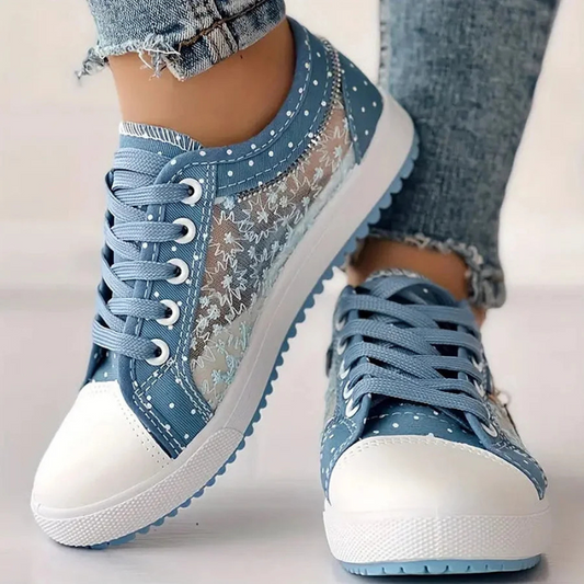 Women's Casual Sneakers with Lace Mesh and Polka Dot Design