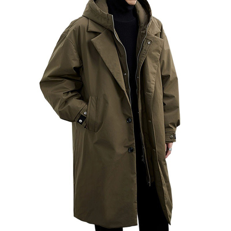 Men's Long Waterproof Puffer Trench Coat with Hood