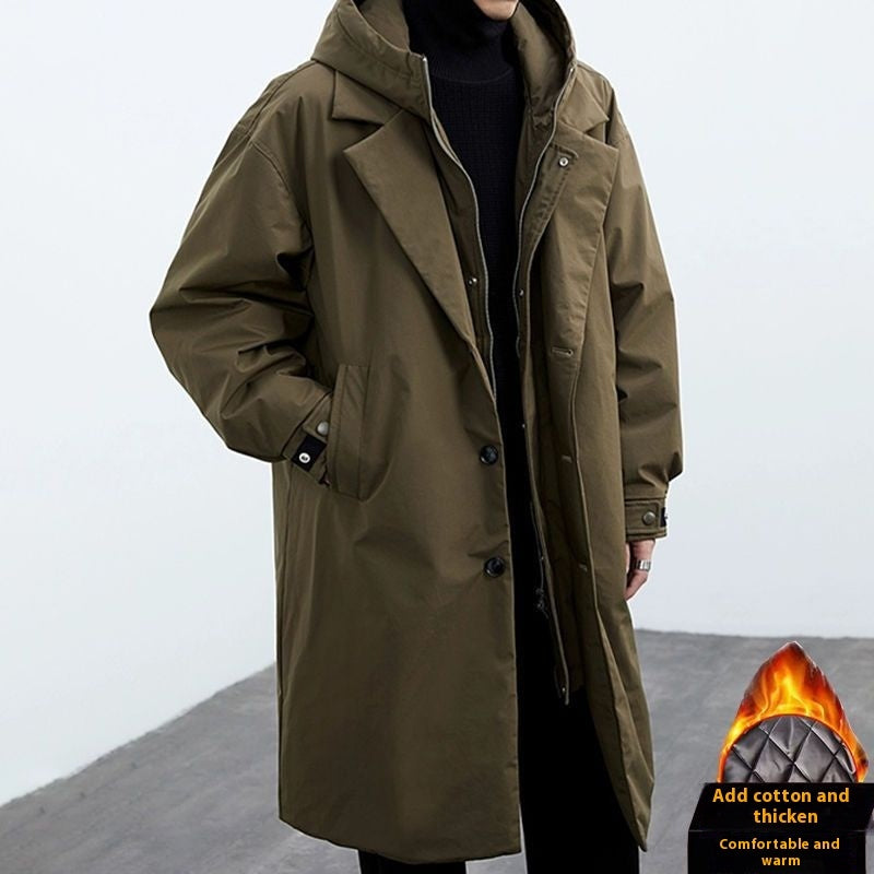 Men's Long Waterproof Puffer Trench Coat with Hood
