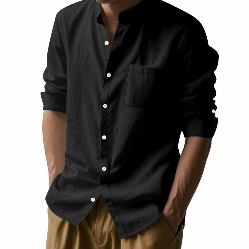 Men’s Long Sleeve Stand Collar Linen Shirt with Pockets – Casual & Stylish