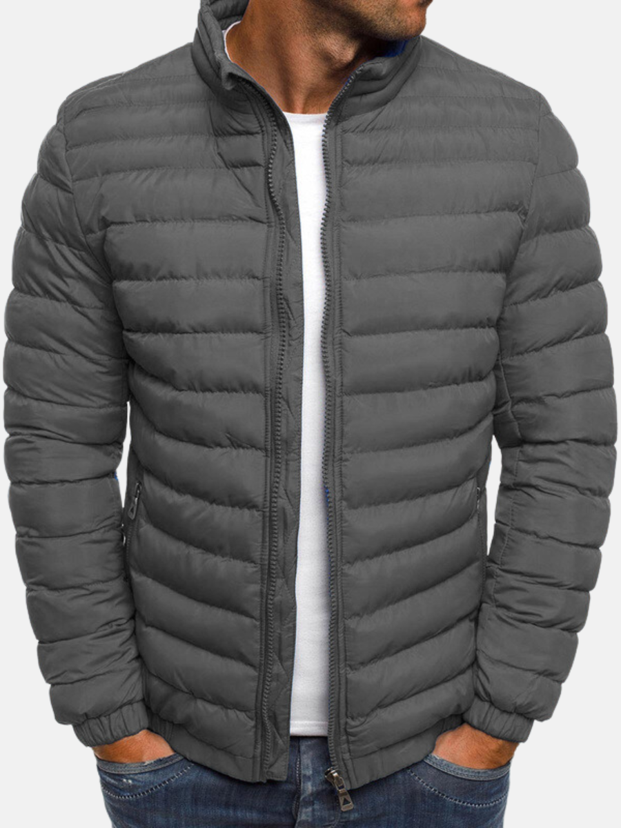 Men's Puffer Bomber Jacket with Zip Closure Stand Collar and Cuffs