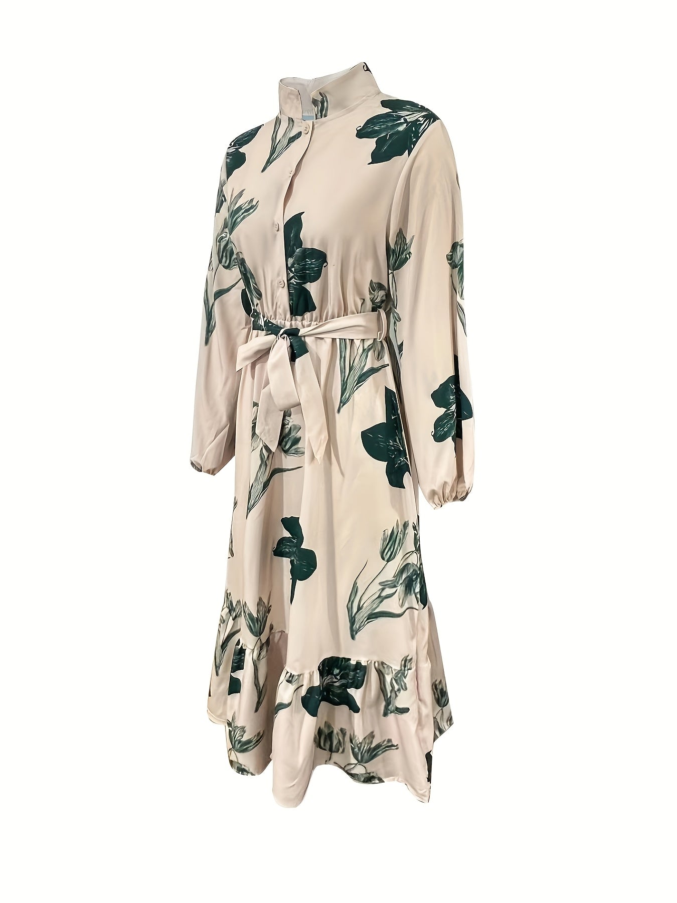 Women's Elegant Floral Maxi Dress with Belted Waist and Long Sleeves