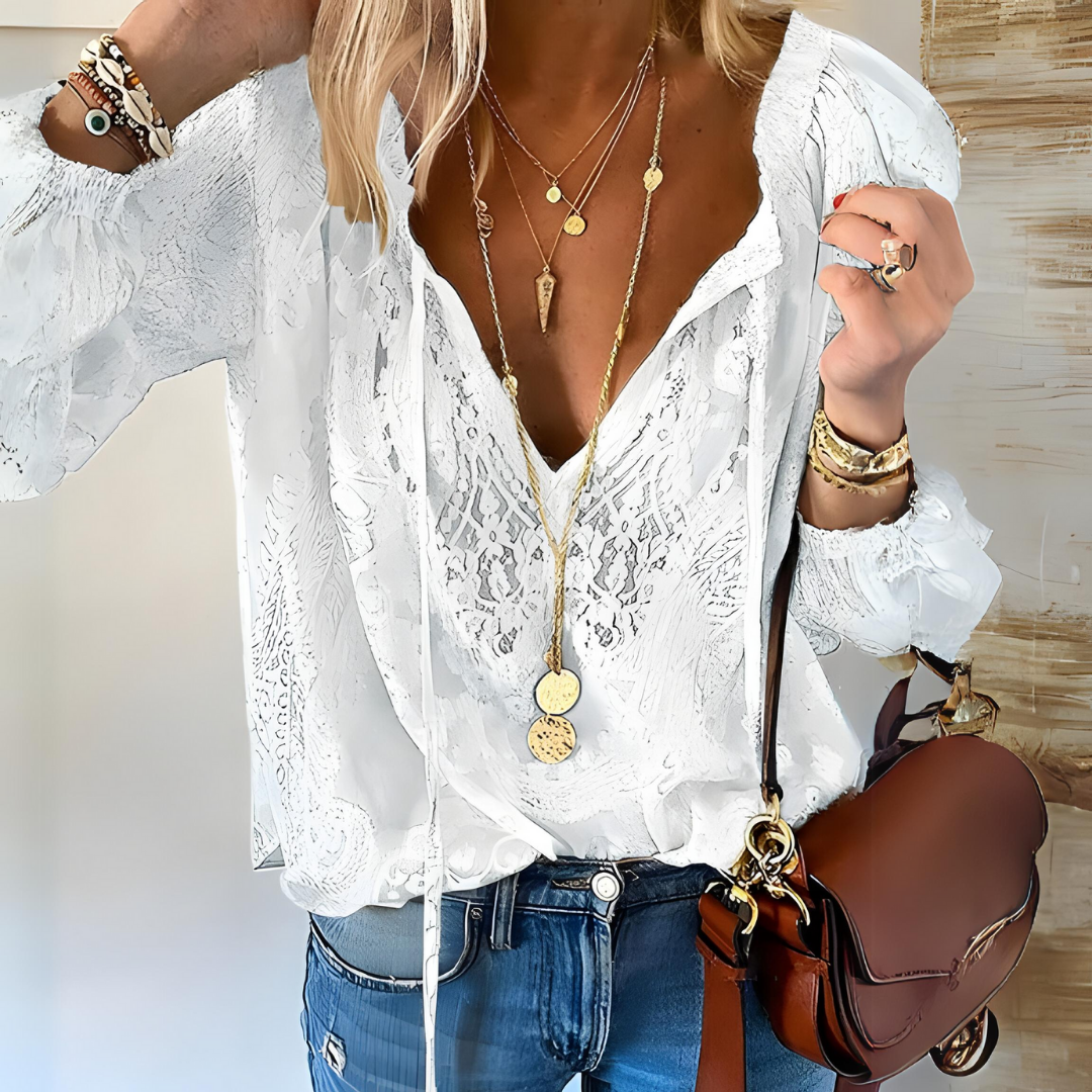 Women's Boho Sheer Blouse with Crochet Detail and Tie Neckline