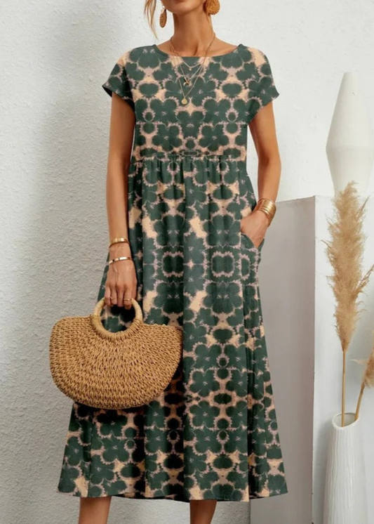 Women's Boho Floral Maxi Dress with Short Sleeves and Side Pockets