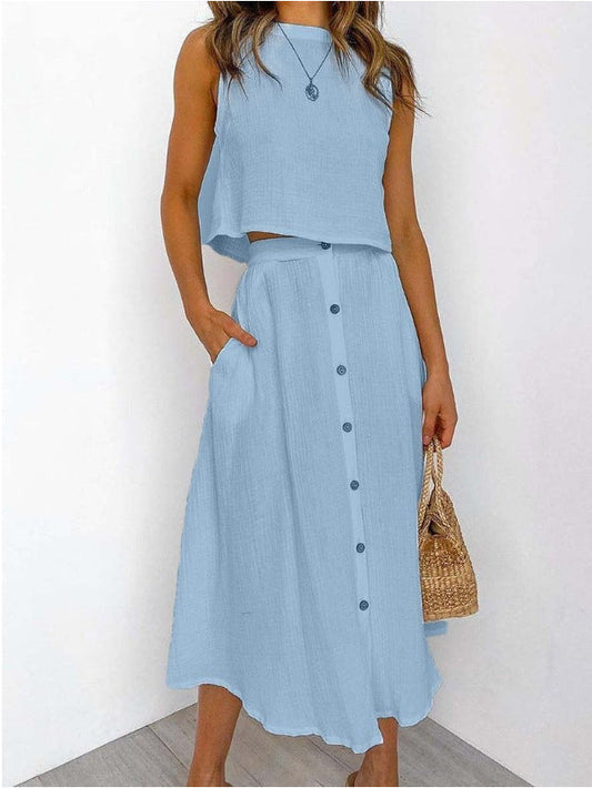 Women's Two-Piece Sleeveless Top and Button-Front Midi Skirt Set
