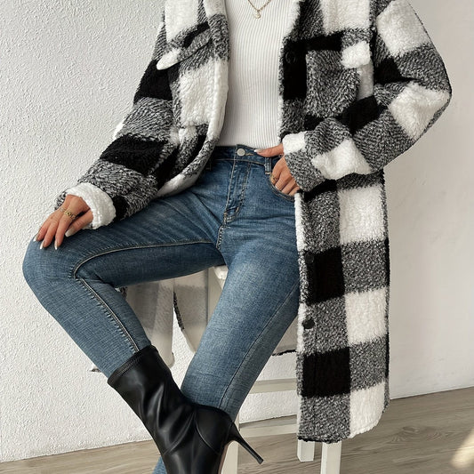 Women's Long Plaid Teddy Fleece Coat with Button Front and Pockets