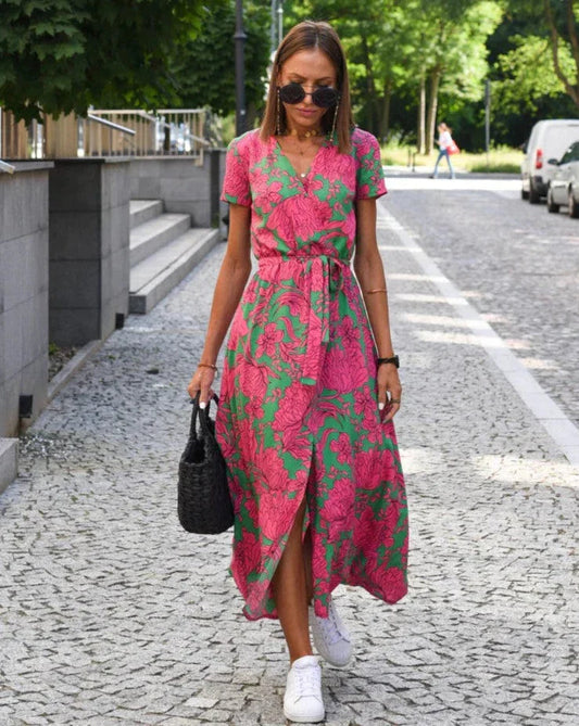 Women’s Summer Wrap Dress – Floral Print V-Neck Casual Midi