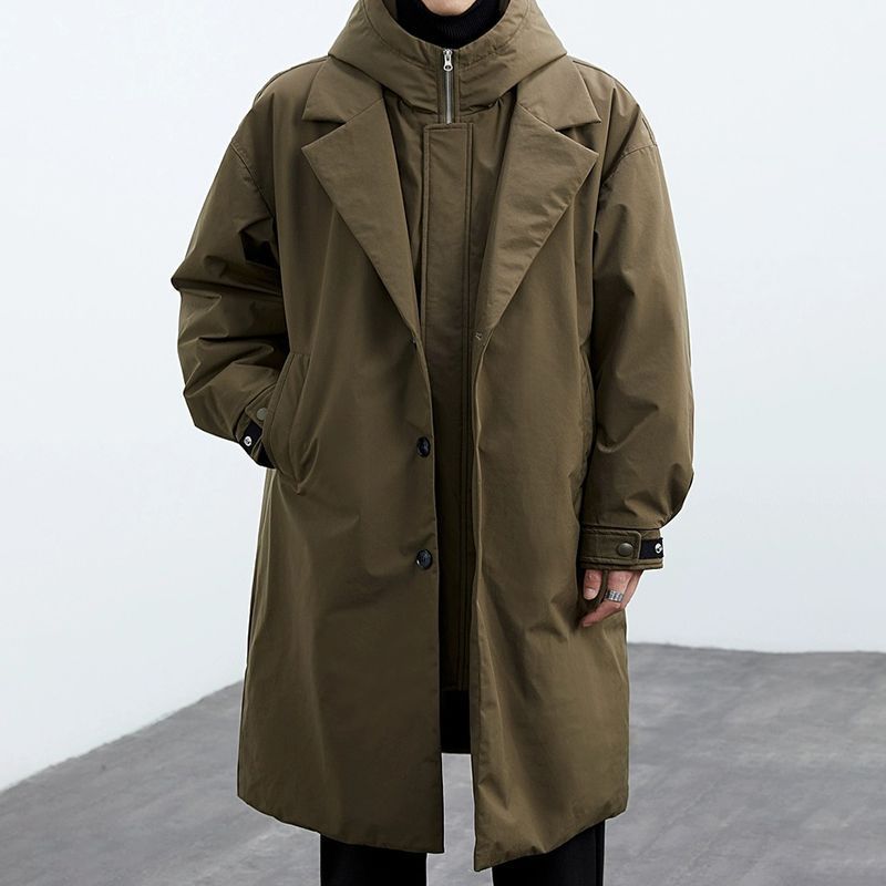Men's Long Waterproof Puffer Trench Coat with Hood