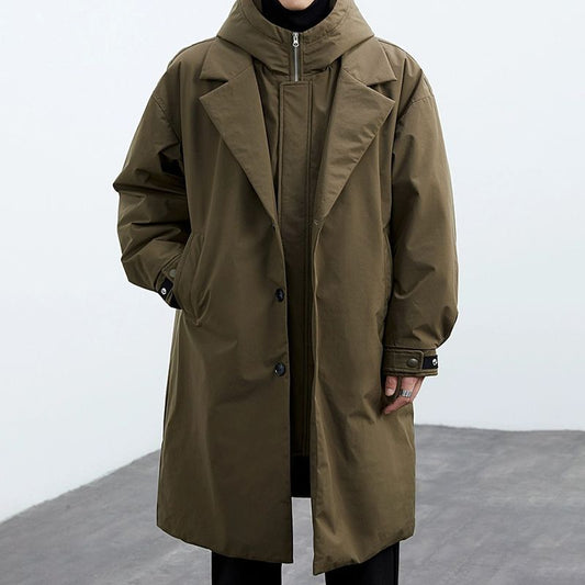 Men's Long Waterproof Puffer Trench Coat with Hood