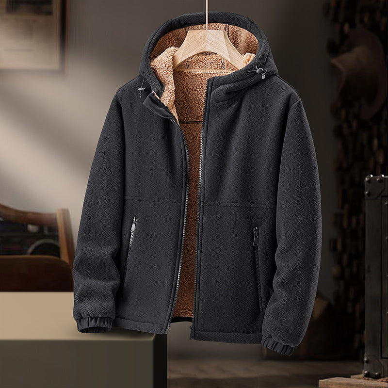 Men's Fleece Winter Jacket with Hood and Zipper Pockets