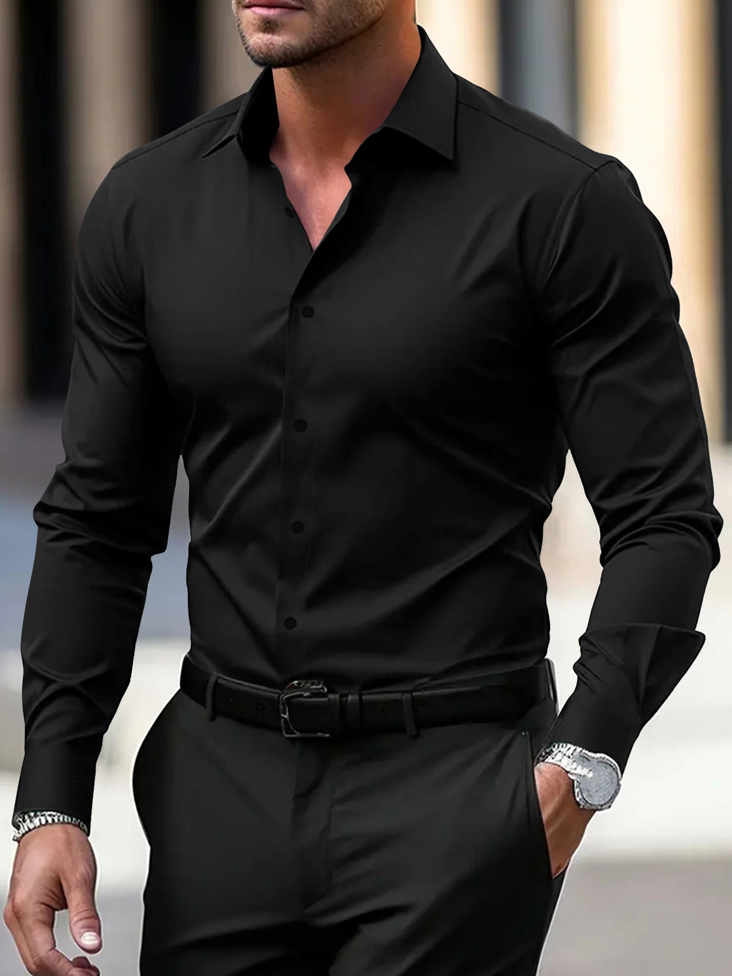 Men’s Summer Business Shirt – Solid Color Long Sleeve Button-Down Casual & Vacation Top