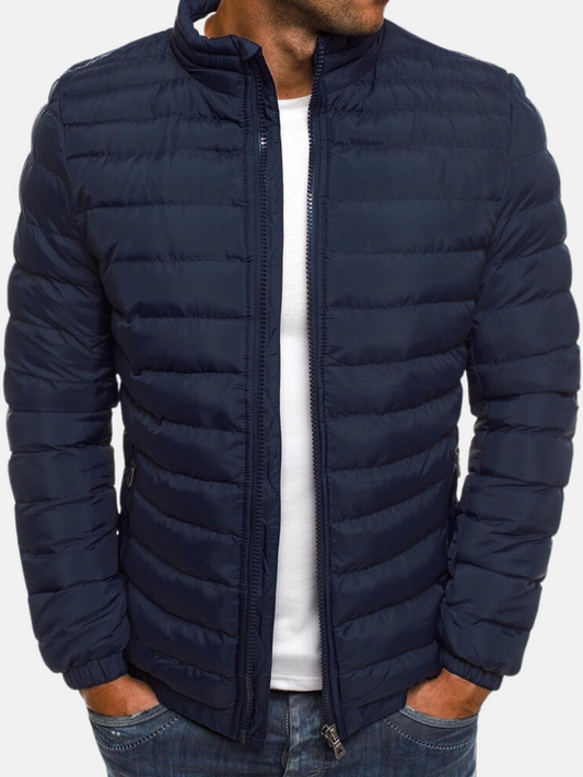 Men's Puffer Bomber Jacket with Zip Closure Stand Collar and Cuffs
