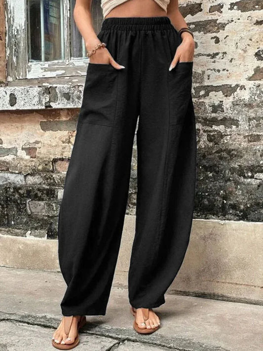 Women's Relaxed Wide-Leg Trousers with Elastic Waist and Side Pockets