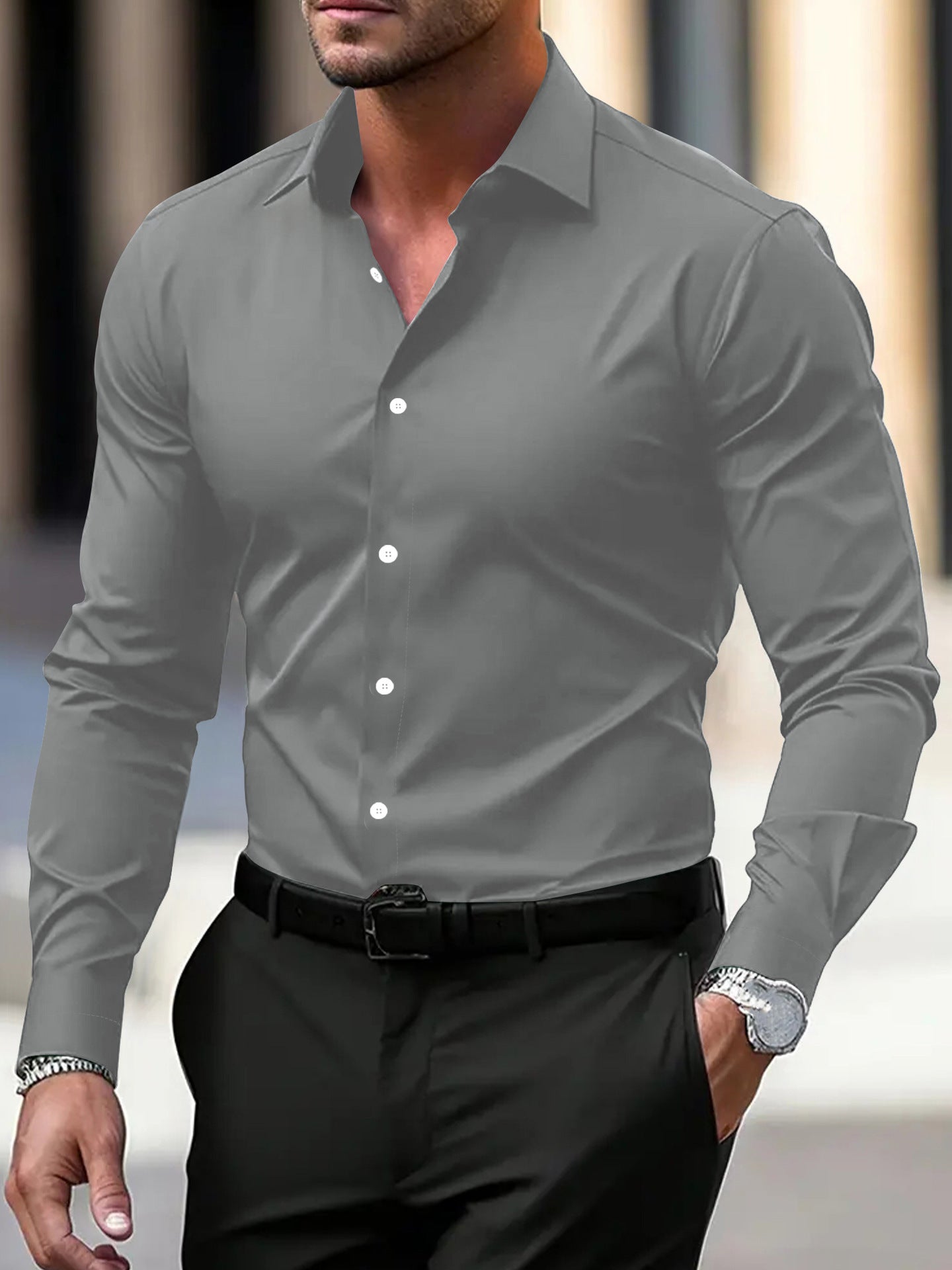 Men’s Summer Business Shirt – Solid Color Long Sleeve Button-Down Casual & Vacation Top