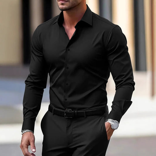 Men’s Summer Business Shirt – Solid Color Long Sleeve Button-Down Casual & Vacation Top
