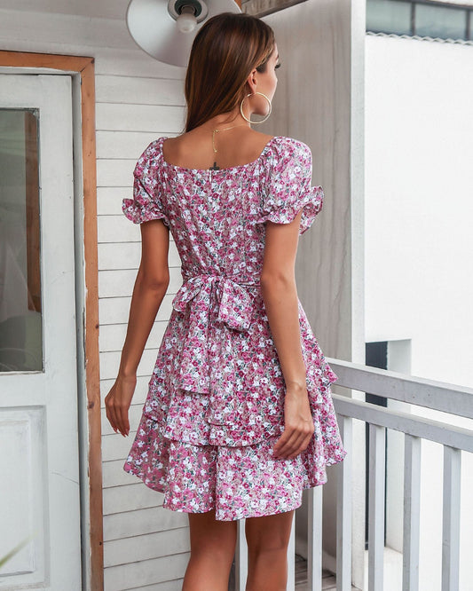 Women's Floral Print Mini Dress with Puff Sleeves and Ruffle Hem