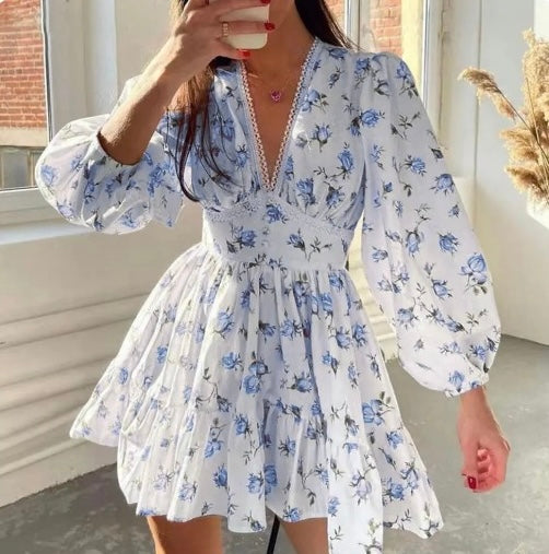 Women's V-Neck Floral Mini Dress with Long Sleeves and Ruffle Skirt