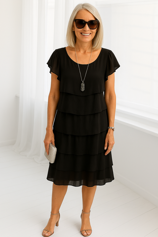 Tiered Knee Length Cocktail Dress with Flutter Sleeves for Women