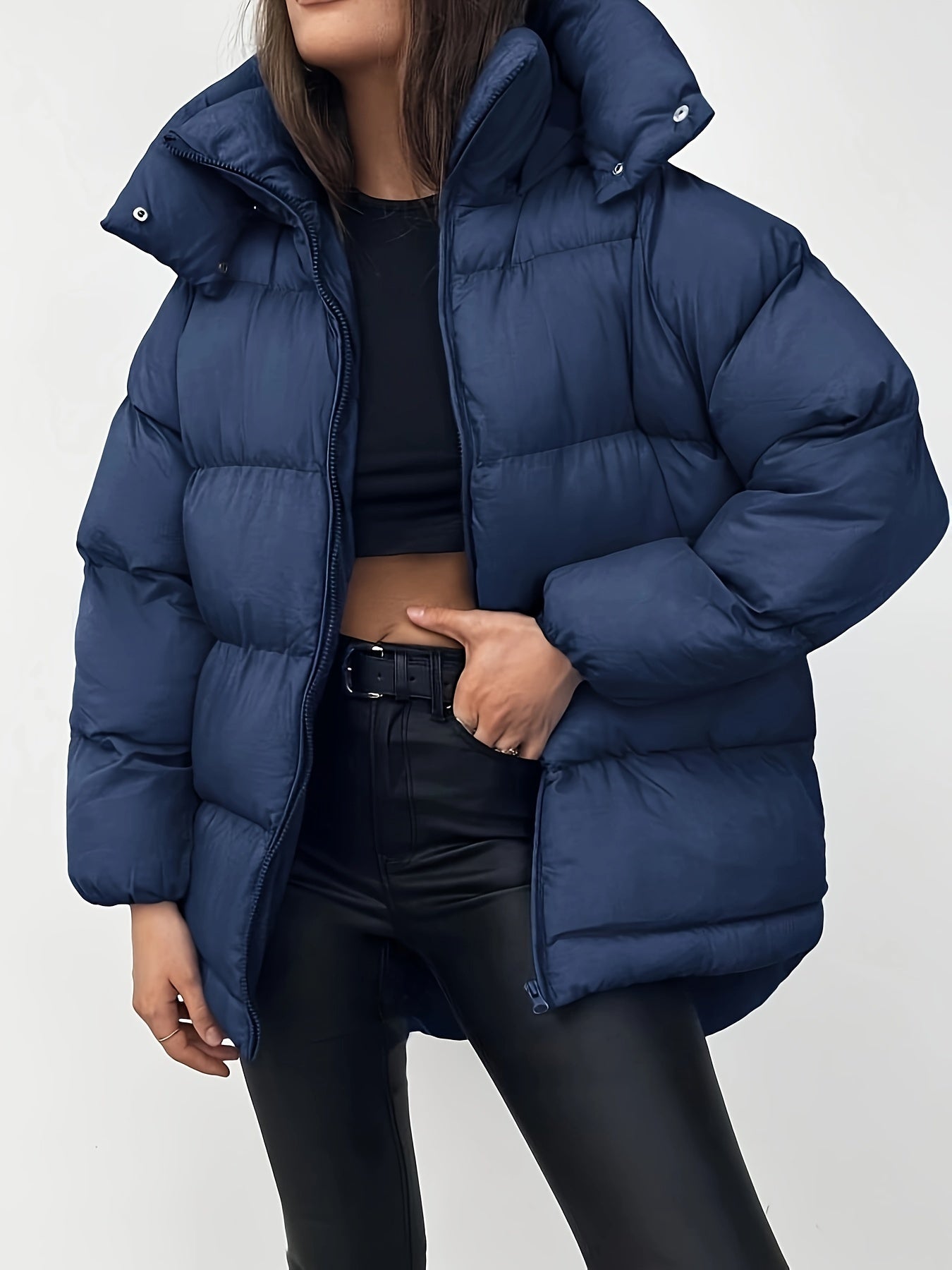 Women's Short Hooded Puffer Jacket with High Collar and Quilted Design