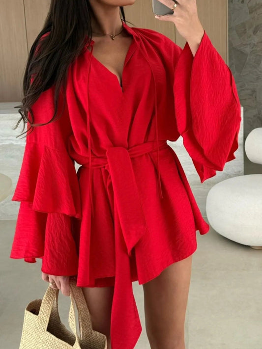 Women's V-Neck Mini Dress with Tiered Sleeves and Waist Tie Detail