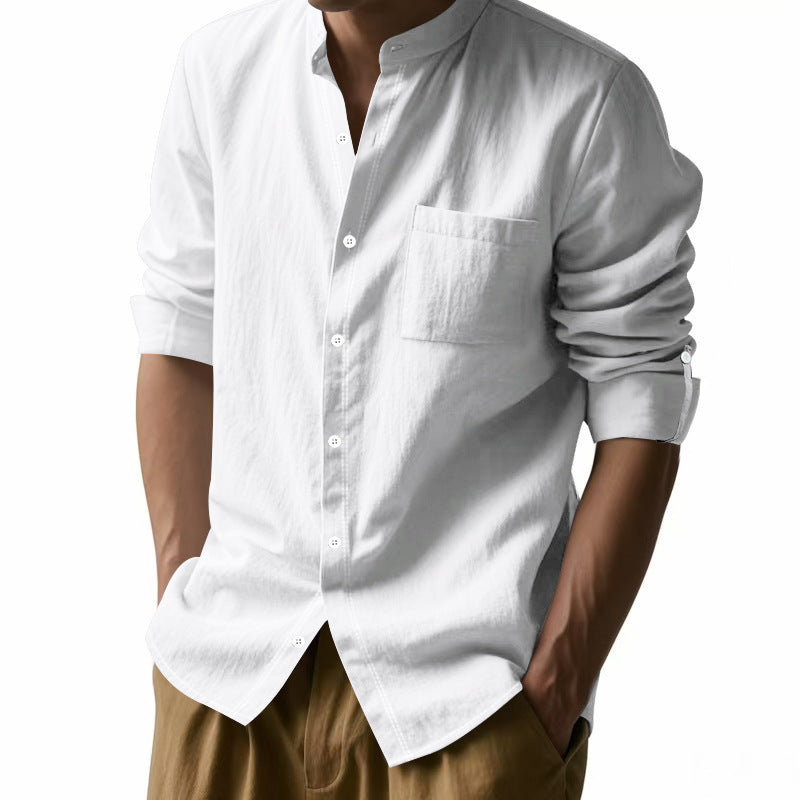Men’s Long Sleeve Stand Collar Linen Shirt with Pockets – Casual & Stylish