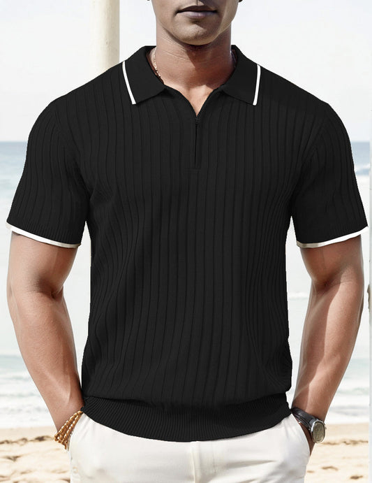 Men's Ribbed Short-Sleeve Zip Polo Shirt with Contrast Trim