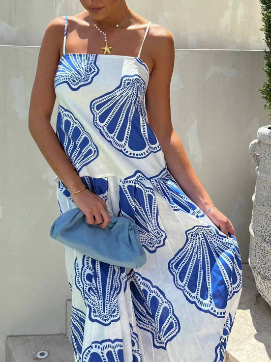 Women's Casual Ocean Shell Print Sling Maxi Dress