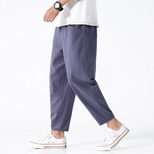 Men's Relaxed Fit Cropped Pants with Elastic Waist and Side Pockets